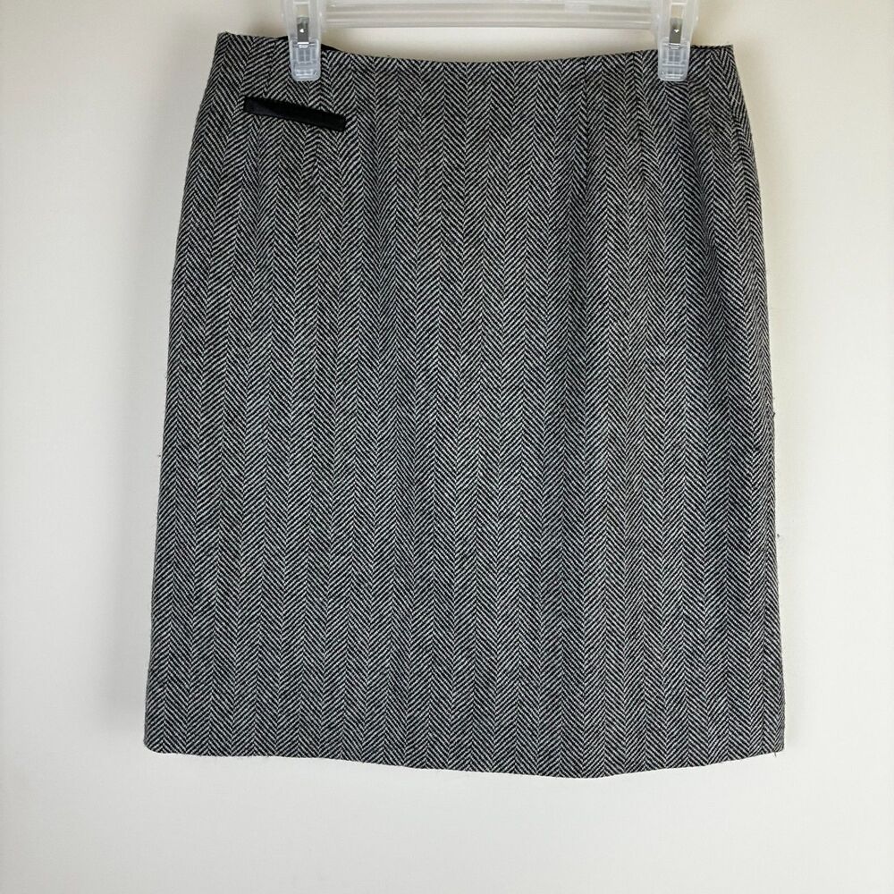Talbots Black White Herringbone Wool Pencil Skirt Leather Trim Accent Size 10